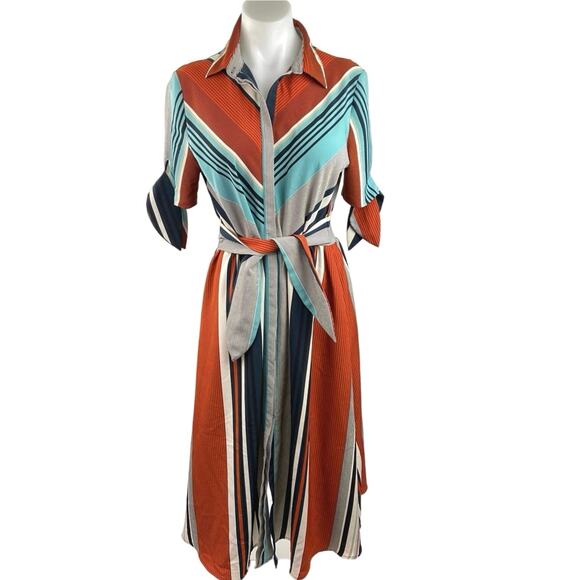 Mango MNG Multicolor Mixed Striped Button Down Tie Belt Midi Shirt Dress Sz 6 - Picture 1 of 5